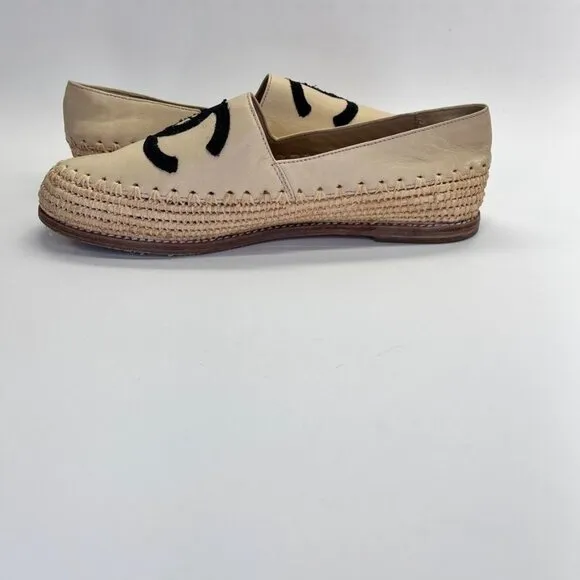 Chanel CC Espadrille Flats Size 40 Beige/Black Leather and Woven Raffia