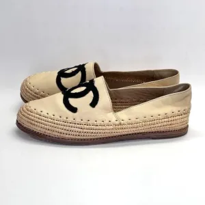 Chanel CC Espadrille Flats Size 40 Beige/Black Leather and Woven Raffia