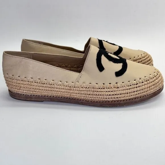 Chanel CC Espadrille Flats Size 40 Beige/Black Leather and Woven Raffia