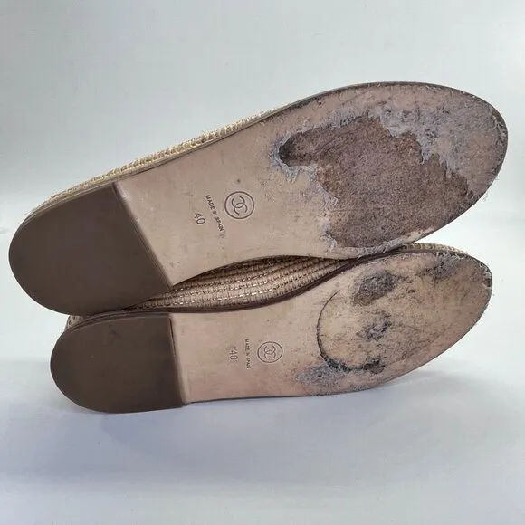 Chanel CC Espadrille Flats Size 40 Beige/Black Leather and Woven Raffia