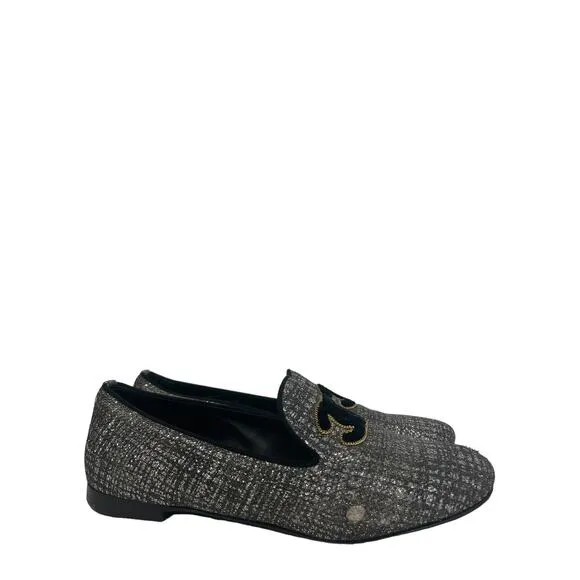CHANEL Silver/Black Tweed Interlocking CC Logo Accent Loafers Flats Size 37 US 7