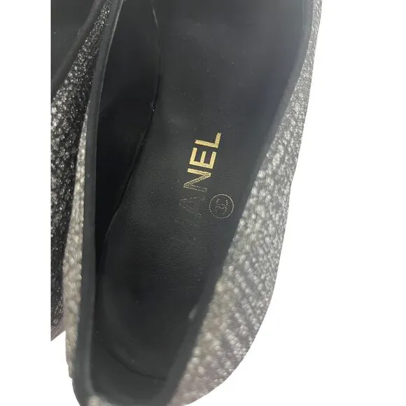 CHANEL Silver/Black Tweed Interlocking CC Logo Accent Loafers Flats Size 37 US 7