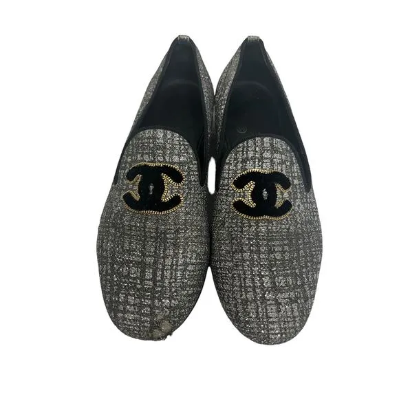 CHANEL Silver/Black Tweed Interlocking CC Logo Accent Loafers Flats Size 37 US 7