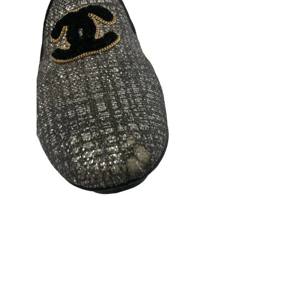 CHANEL Silver/Black Tweed Interlocking CC Logo Accent Loafers Flats Size 37 US 7
