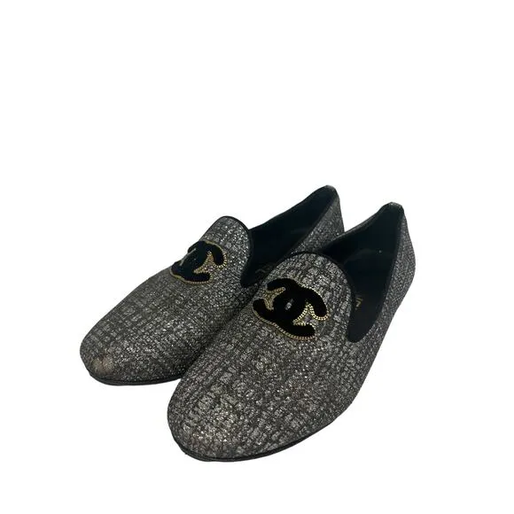 CHANEL Silver/Black Tweed Interlocking CC Logo Accent Loafers Flats Size 37 US 7
