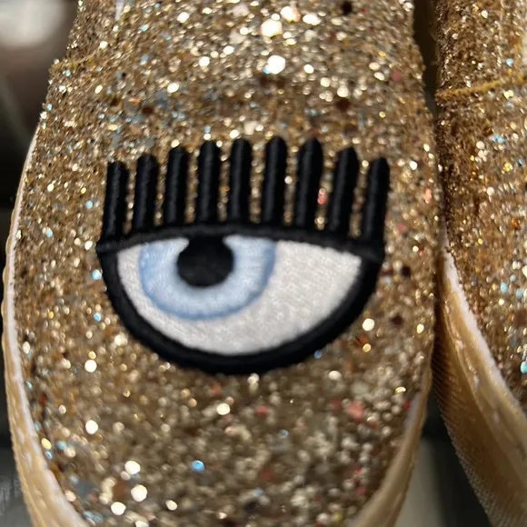 CHIARA FERRAGNI Eye &amp; Lips Black Glitter Slip On Loafer Sneakers Italy EU 36