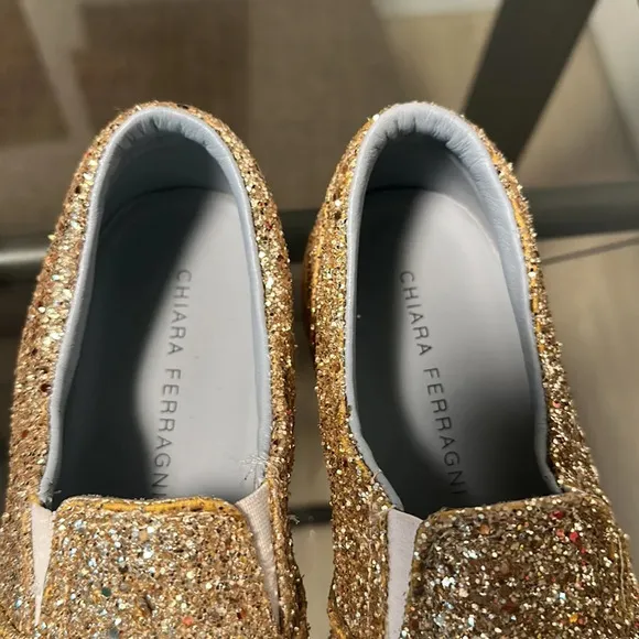 CHIARA FERRAGNI Eye &amp; Lips Black Glitter Slip On Loafer Sneakers Italy EU 36
