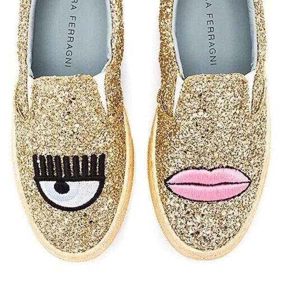 CHIARA FERRAGNI Eye &amp; Lips Black Glitter Slip On Loafer Sneakers Italy EU 36