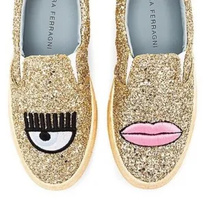 CHIARA FERRAGNI Eye &amp; Lips Black Glitter Slip On Loafer Sneakers Italy EU 36