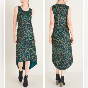 Chico’s Camo Animal Print Green Brown Hi-low Hem Midi Dress size 0 (4/6 US)