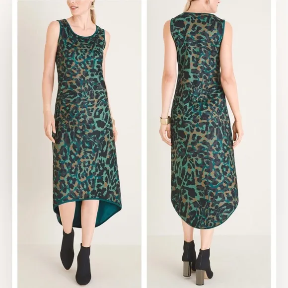 Chico’s Camo Animal Print Green Brown Hi-low Hem Midi Dress size 0 (4/6 US)
