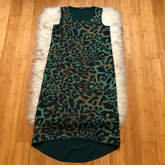 Chico’s Camo Animal Print Green Brown Hi-low Hem Midi Dress size 0 (4/6 US)