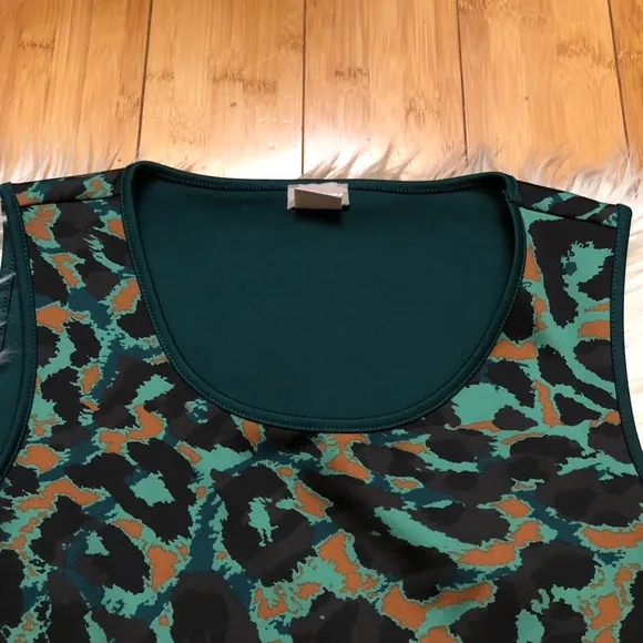 Chico’s Camo Animal Print Green Brown Hi-low Hem Midi Dress size 0 (4/6 US)