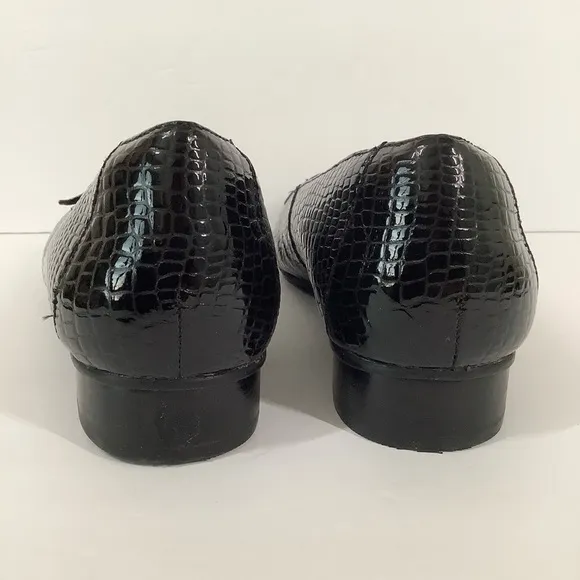CLARKS Black Slip On Loafer Leather Croc Embossed 11W WIDE Work Office Minimal
