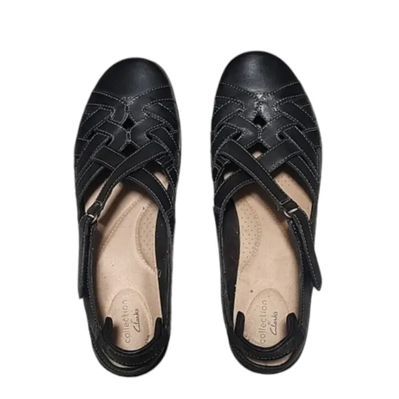 CLARKS Cora Dream Loafer Black Leather Flats 10 Adjustable Velcro Strap