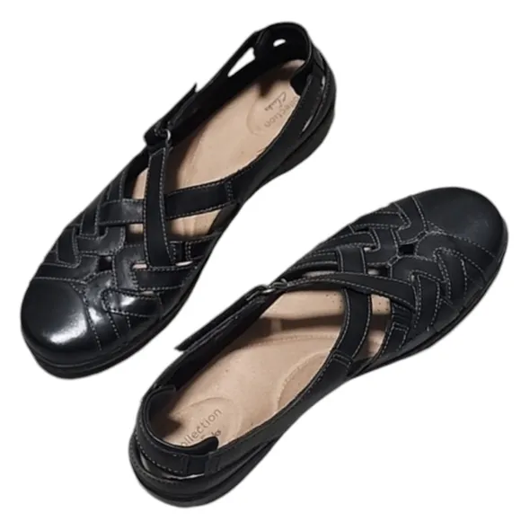 CLARKS Cora Dream Loafer Black Leather Flats 10 Adjustable Velcro Strap