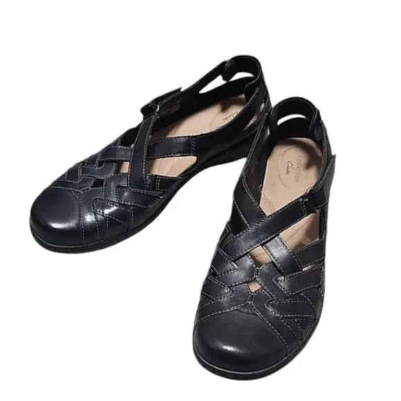 CLARKS Cora Dream Loafer Black Leather Flats 10 Adjustable Velcro Strap