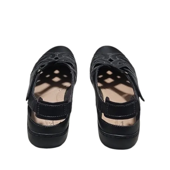 CLARKS Cora Dream Loafer Black Leather Flats 10 Adjustable Velcro Strap