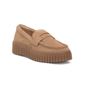 CLARKS Light Tan Suede Torhill Platform Penny Loafers
