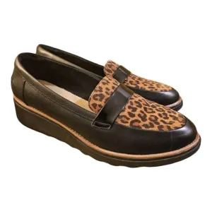 CLARKS Sharon Gracie Black Leather Leopard Wedge Loafers - Size 12 Wide
