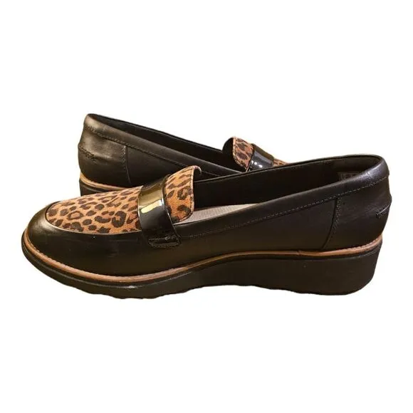 CLARKS Sharon Gracie Black Leather Leopard Wedge Loafers - Size 12 Wide