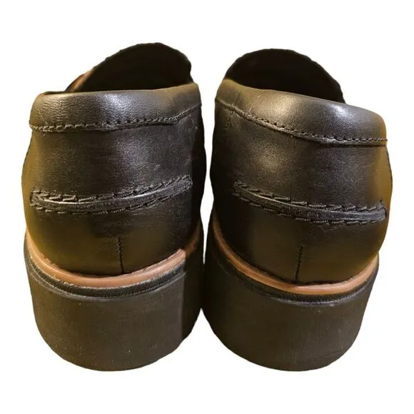 CLARKS Sharon Gracie Black Leather Leopard Wedge Loafers - Size 12 Wide