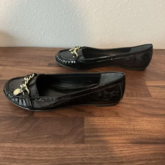 Coach Black Glitter Flats Loafers Drivers Charm Designer Patent Leather Size 6.5