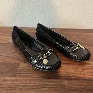 Coach Black Glitter Flats Loafers Drivers Charm Designer Patent Leather Size 6.5