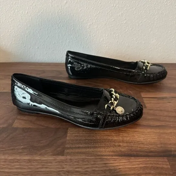 Coach Black Glitter Flats Loafers Drivers Charm Designer Patent Leather Size 6.5