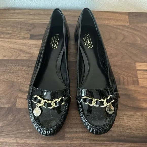 Coach Black Glitter Flats Loafers Drivers Charm Designer Patent Leather Size 6.5