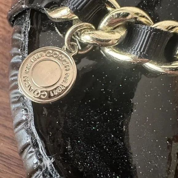 Coach Black Glitter Flats Loafers Drivers Charm Designer Patent Leather Size 6.5