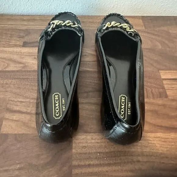 Coach Black Glitter Flats Loafers Drivers Charm Designer Patent Leather Size 6.5