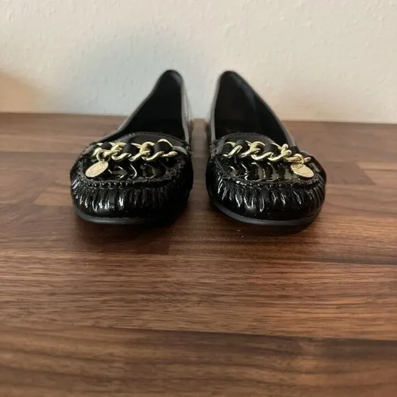 Coach Black Glitter Flats Loafers Drivers Charm Designer Patent Leather Size 6.5