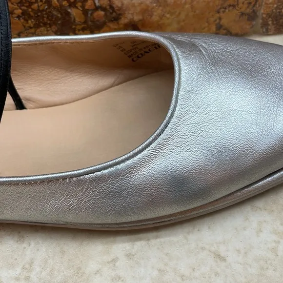 Coach Emilia Mary Jane Flats Elastic Strap Loafers Soft Silver Metallic Size 8B