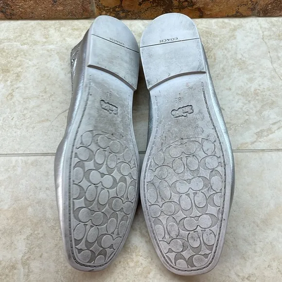 Coach Emilia Mary Jane Flats Elastic Strap Loafers Soft Silver Metallic Size 8B