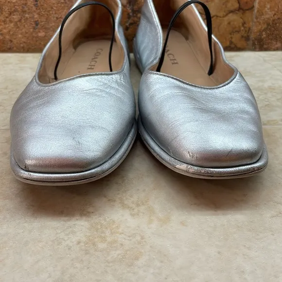 Coach Emilia Mary Jane Flats Elastic Strap Loafers Soft Silver Metallic Size 8B