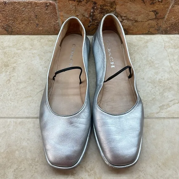 Coach Emilia Mary Jane Flats Elastic Strap Loafers Soft Silver Metallic Size 8B