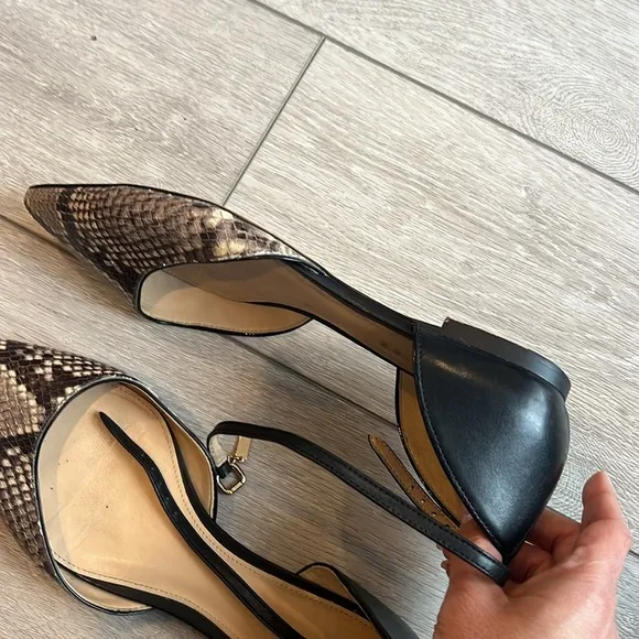 Coach Jameson Black and Cream Snakeskin point toe Flats with ankle strap 8.5