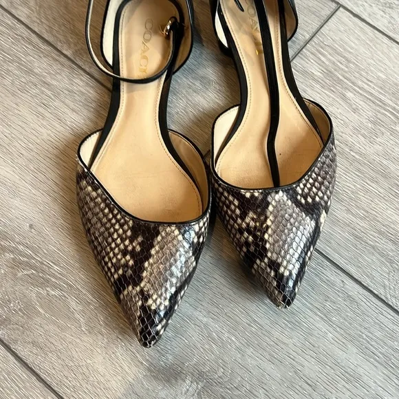 Coach Jameson Black and Cream Snakeskin point toe Flats with ankle strap 8.5