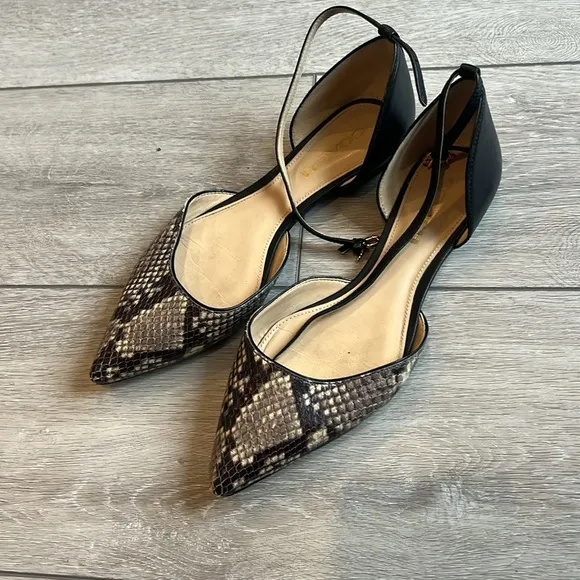 Coach Jameson Black and Cream Snakeskin point toe Flats with ankle strap 8.5