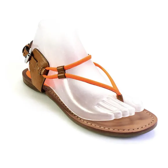 Coach Leather Thong Sandals T Strap Flats Neon Orange Brown 7