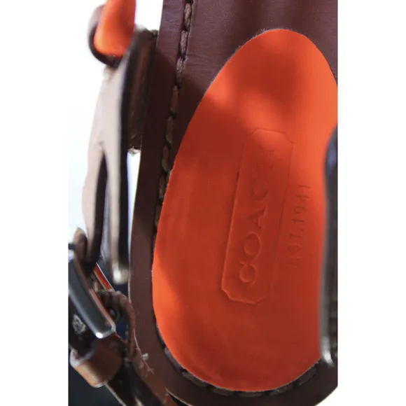 Coach Leather Thong Sandals T Strap Flats Neon Orange Brown 7