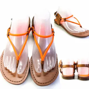 Coach Leather Thong Sandals T Strap Flats Neon Orange Brown 7