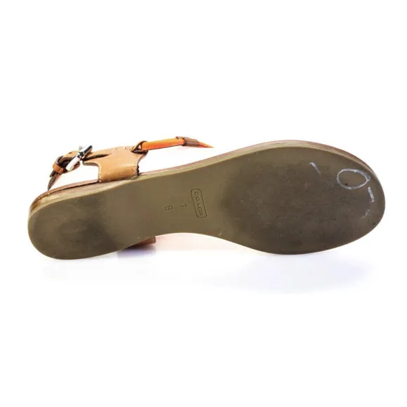 Coach Leather Thong Sandals T Strap Flats Neon Orange Brown 7