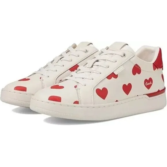 Coach Lowline Valentines Lace-Up Sneakers Off White Red Hearts Size 9.5