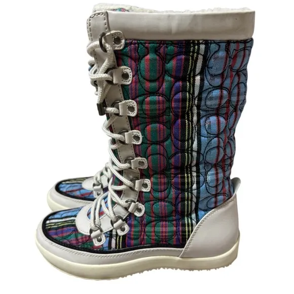 COACH POPPY Peggey Tartan Plaid Quilted Shearling Winter Boots Size 7 Q73