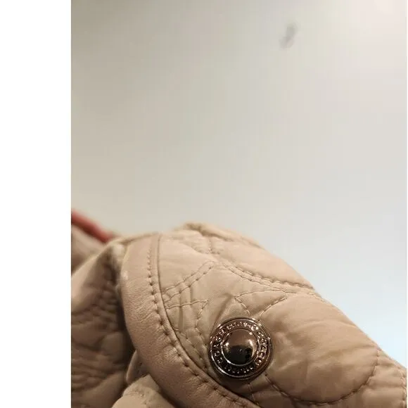 Coach Quilted Leather Trim Jacket XS Beige Turnlock button Women Outerwear ptp18