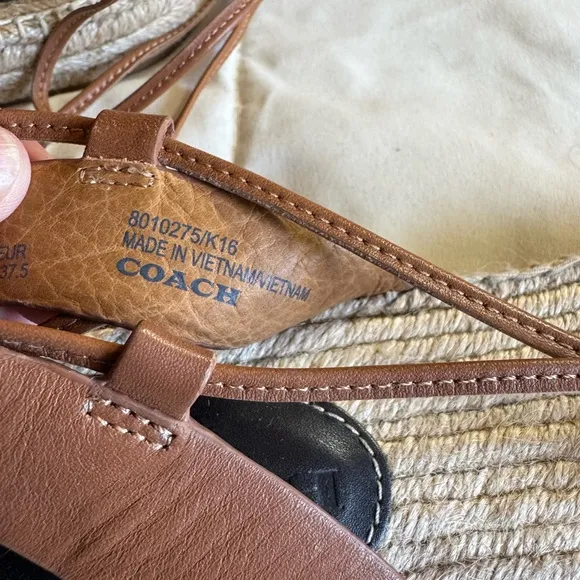 Coach Rita Espadrille Sandals, Black and Brown Leather Tie Up, Size 7