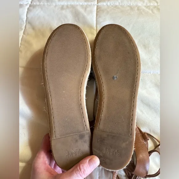 Coach Rita Espadrille Sandals, Black and Brown Leather Tie Up, Size 7