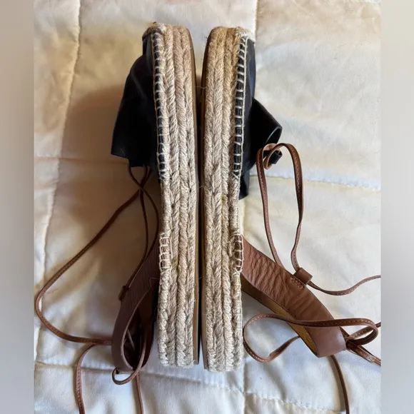 Coach Rita Espadrille Sandals, Black and Brown Leather Tie Up, Size 7